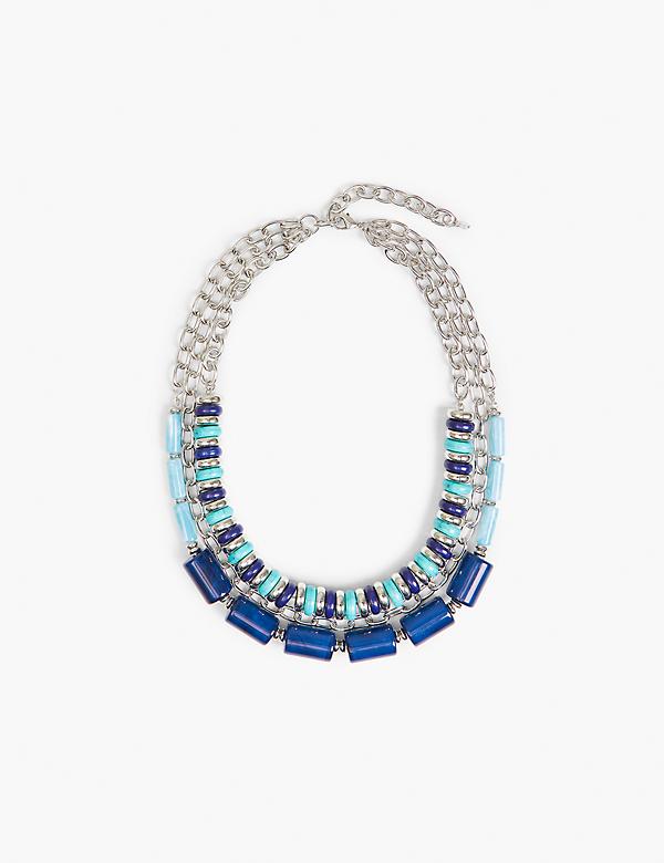 Blue Beaded & Chain Layered Necklace
