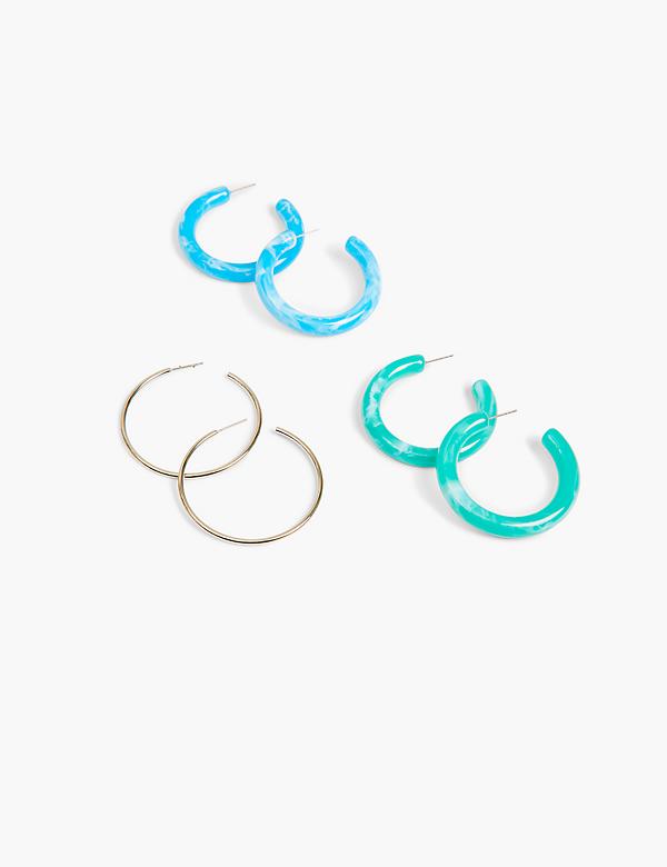 Blue Resin & Metal Hoop Earrings - 3-Pack