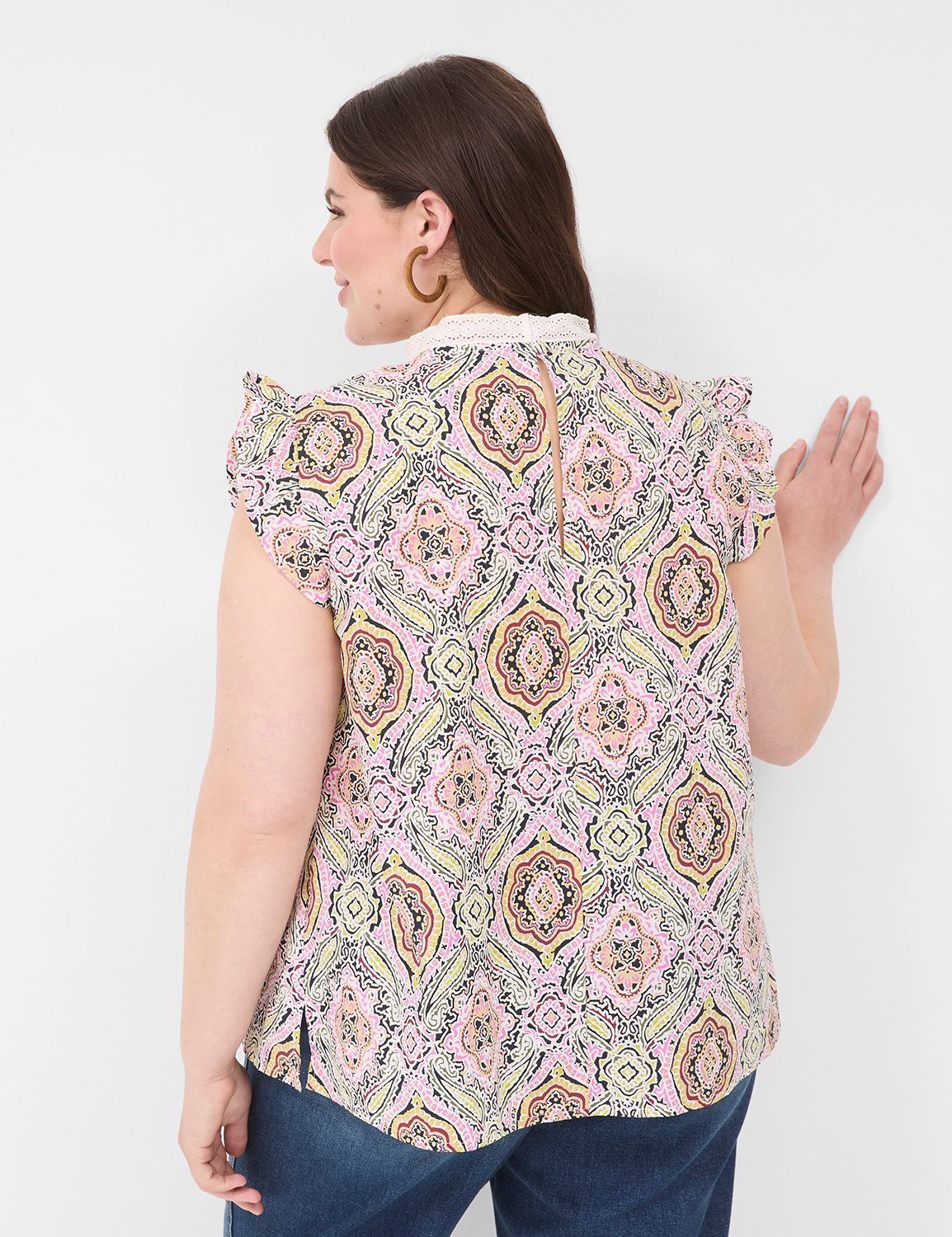 Palm-Print Ruffle Cap-Sleeve Top main image 0