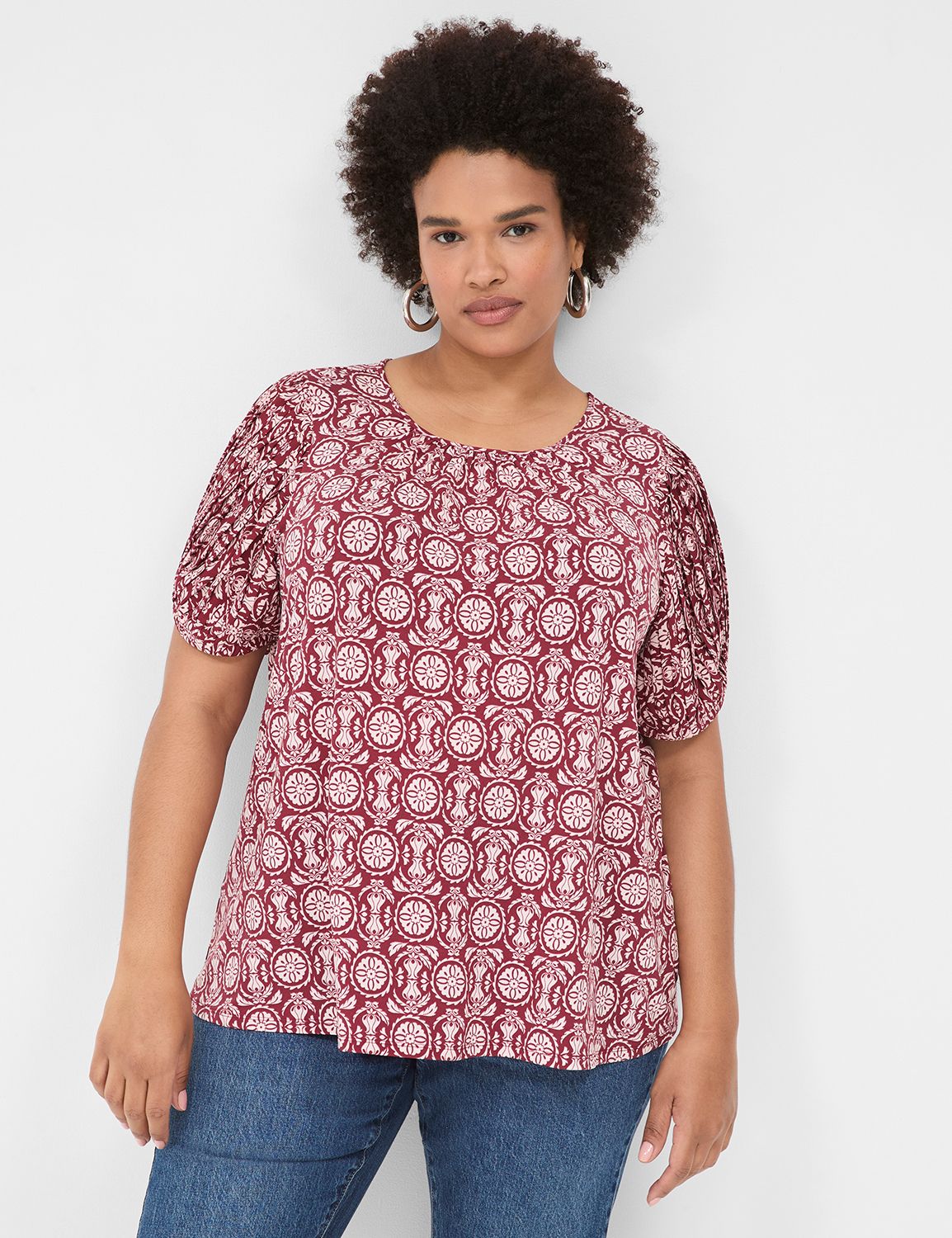 Pleated Woven-Sleeve Crew-Neck Top