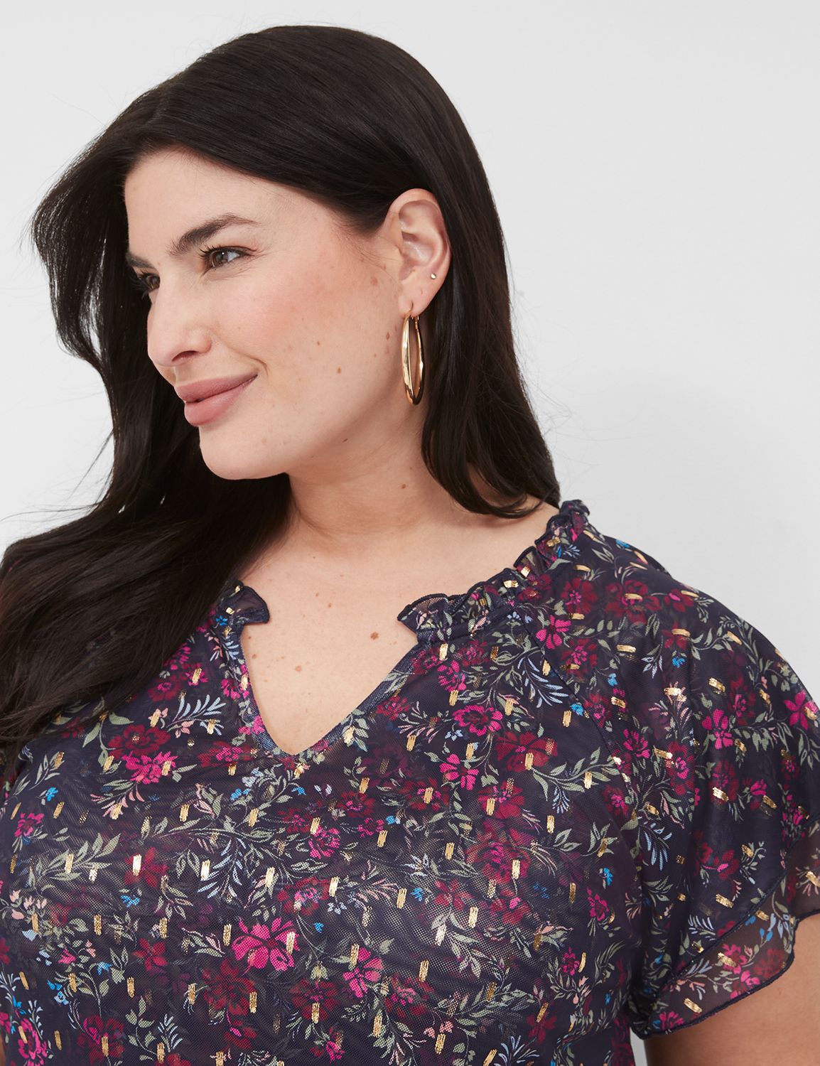 Short Sleeve Dbl Ruffle V-Notch Top | LaneBryant