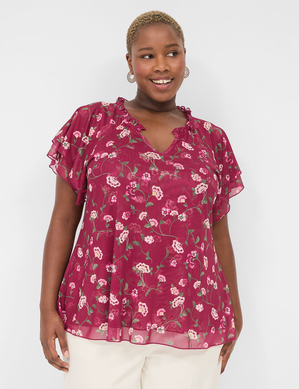 【Éclat】DANIEL VOLUME FRILL TOPS Short Sleeve Dbl Ruffle V-Notch Top | LaneBryant