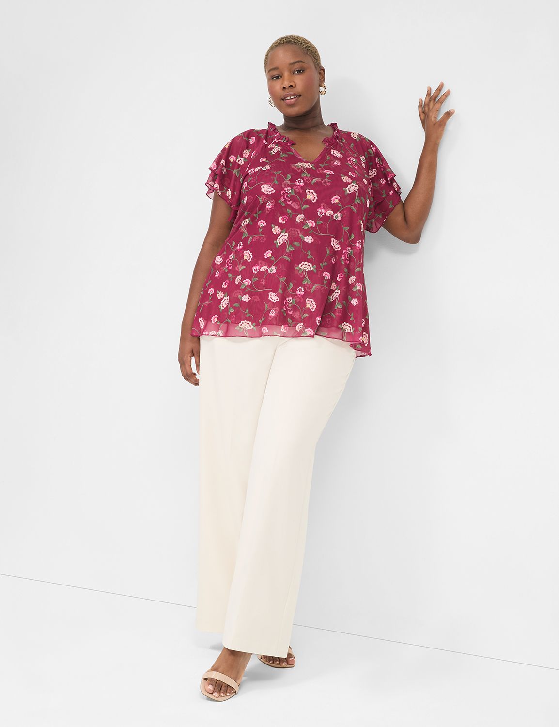 Short Sleeve Dbl Ruffle V-Notch Top | LaneBryant