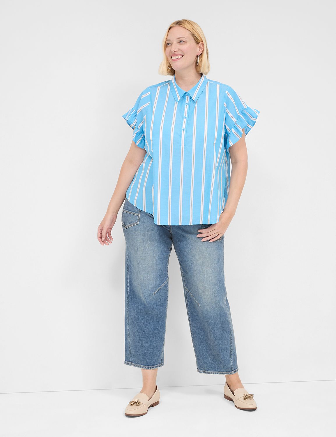 Boxy Cut Faux Button Ruffle Neckline Top With Short Layered Sleeves main image 0