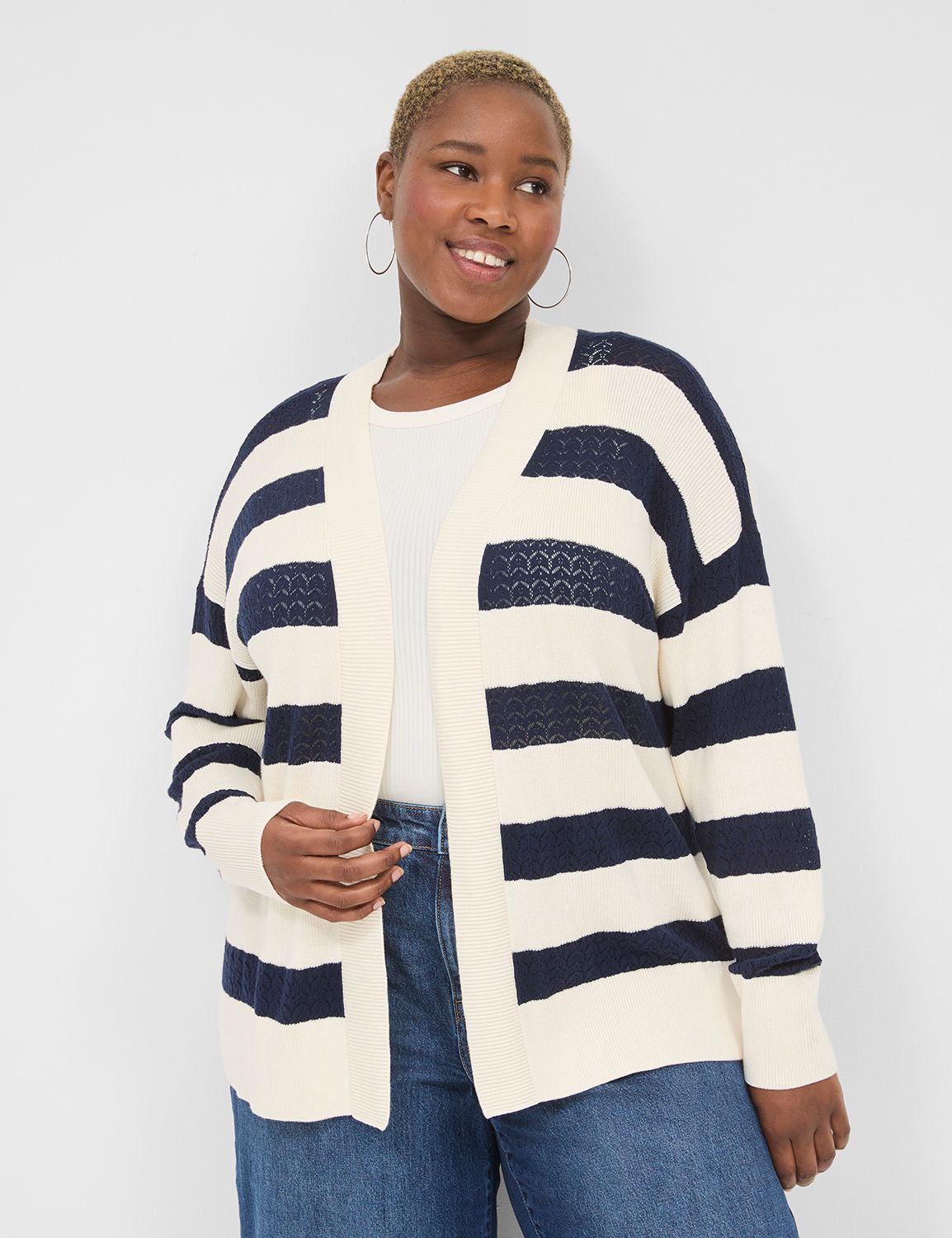 Open-Front Striped Lace-Stitch Cardigan