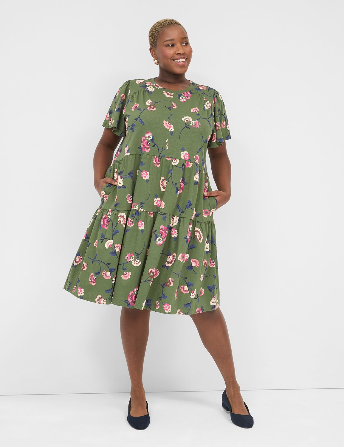 Flutter-Sleeve Tiered Swing Dress | LaneBryant