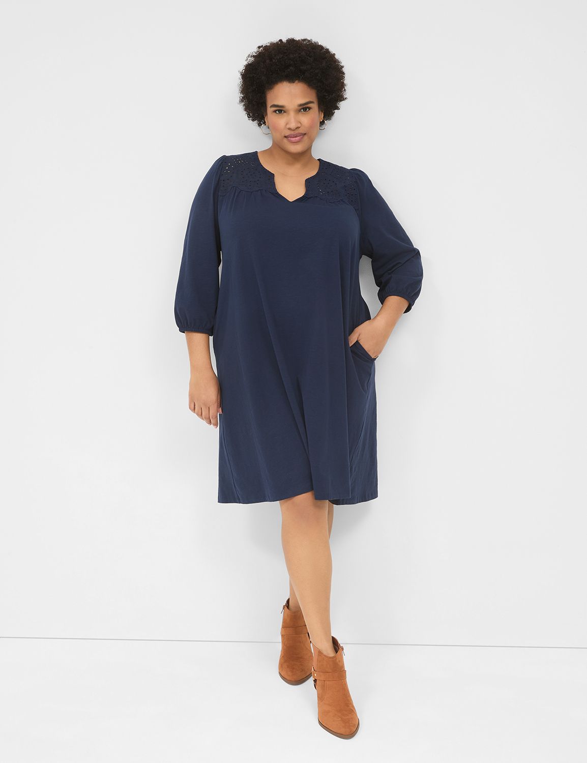 3/4-sleeve eyelet-detail swing dress