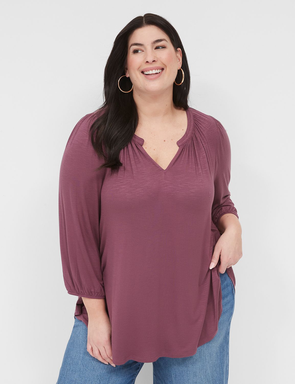 Swing Blouson-Sleeve Notch-Neck Top | LaneBryant