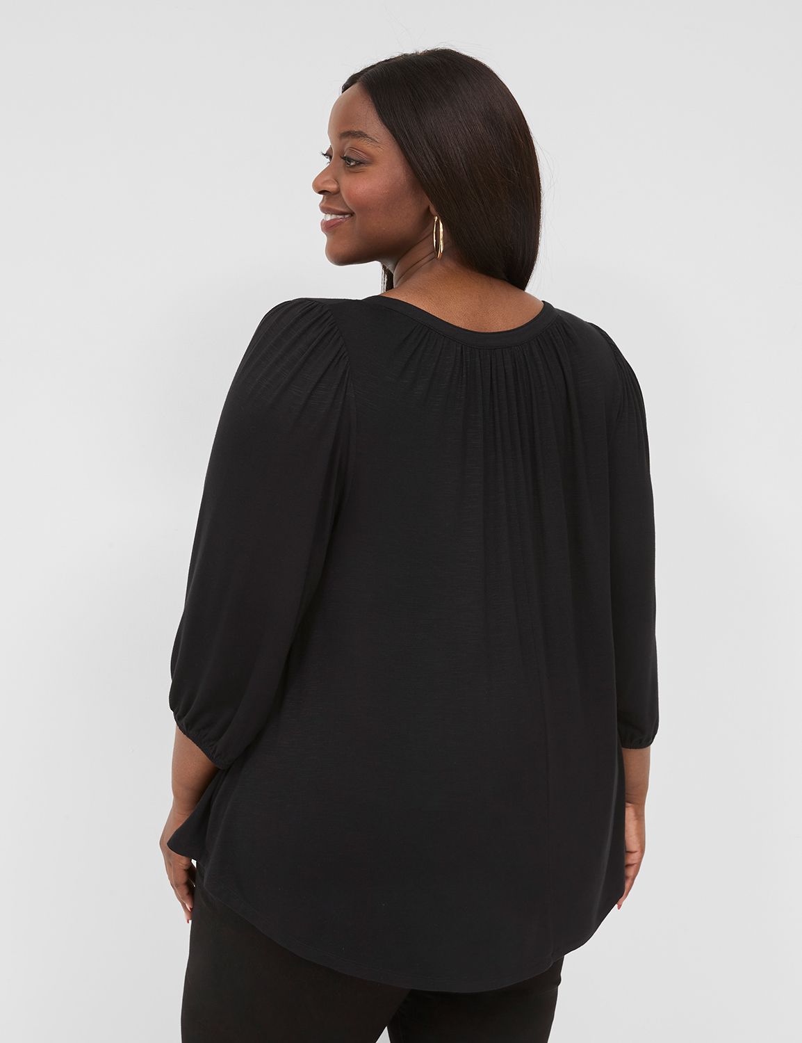 3/4 Flare Sleeve Cutout Trim Front Neck Swing Blouse in Black - Plus