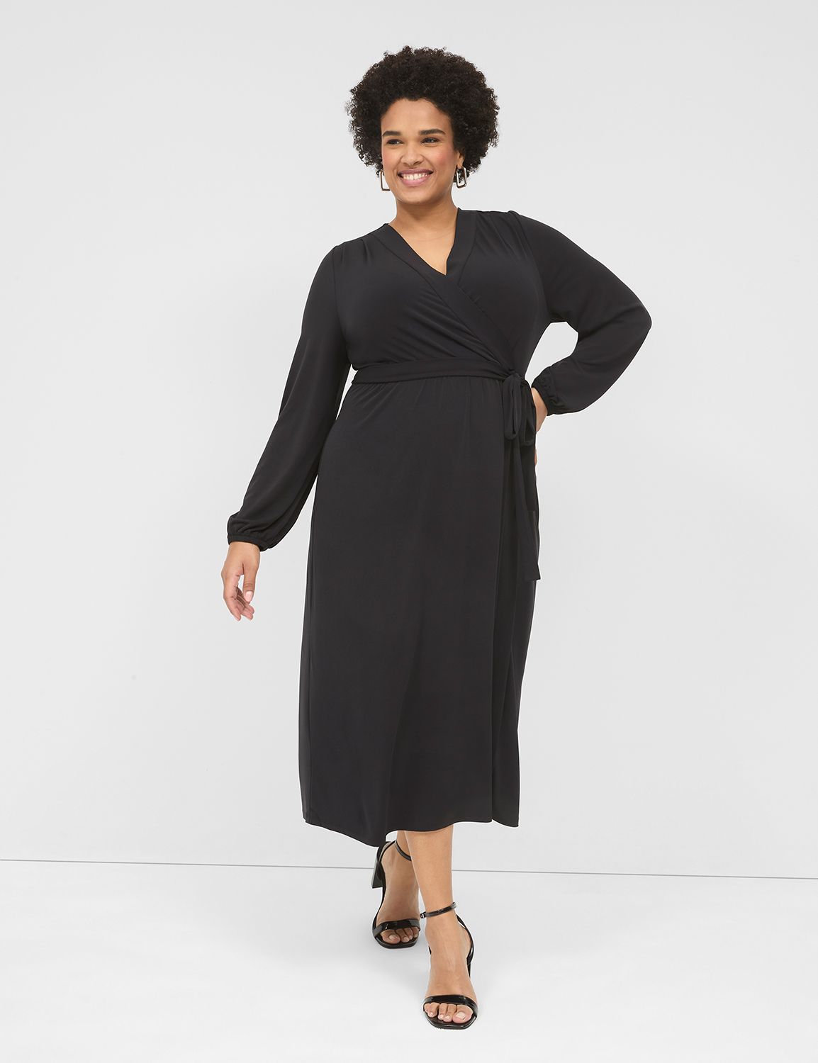 long-sleeve faux-wrap jersey midi dress