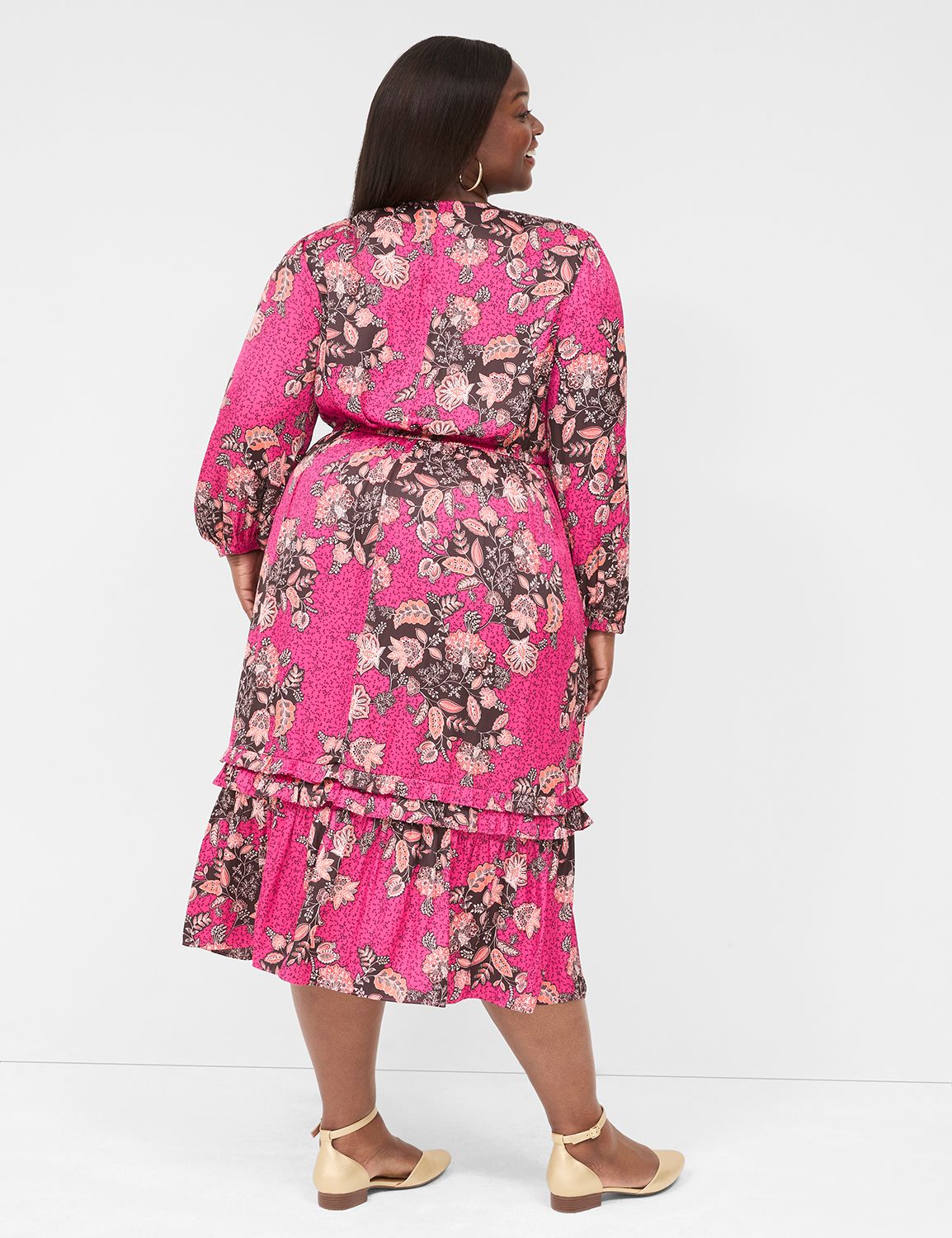 Satin Tiered Ruffle-Detail Midi Dress | LaneBryant
