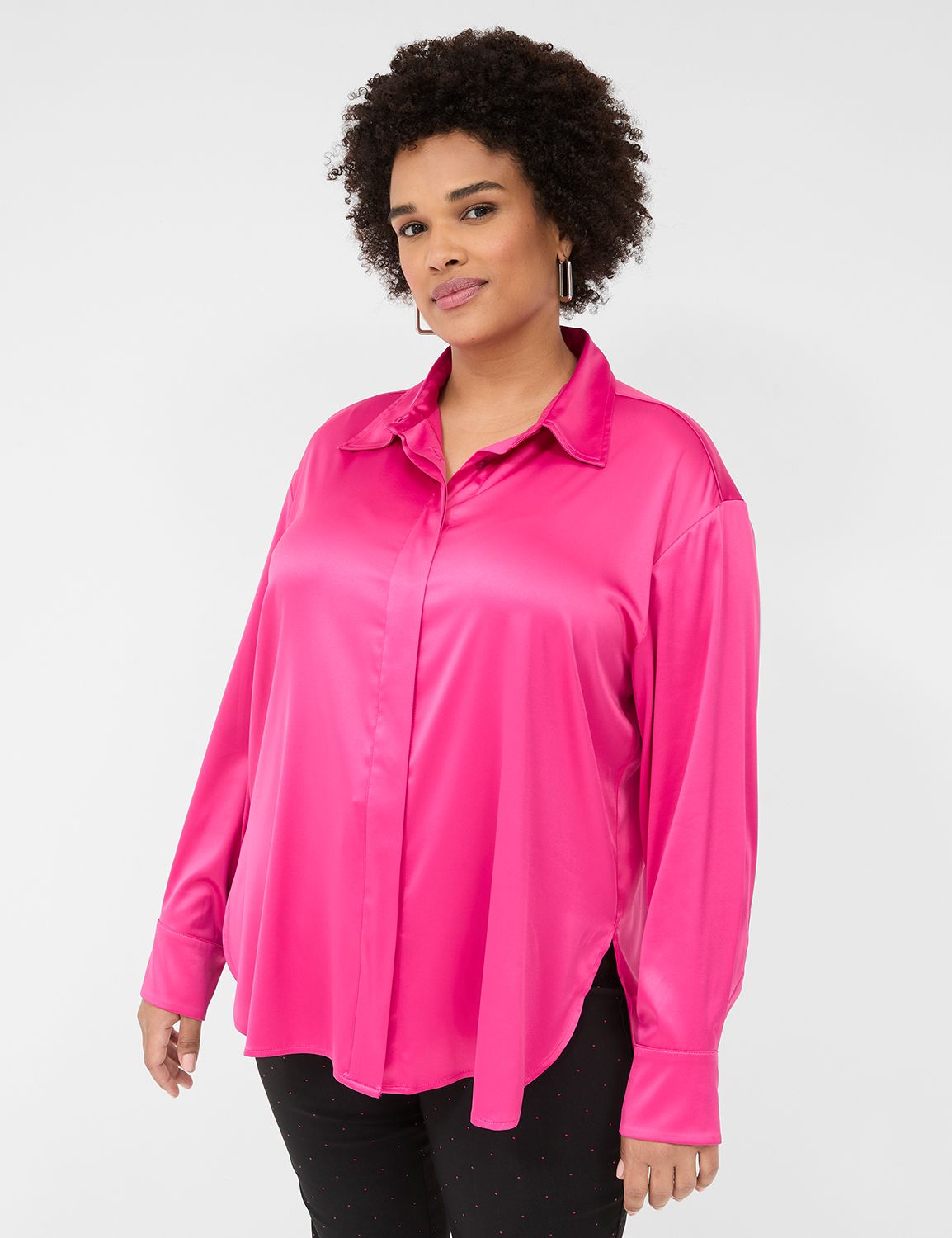 First Love Full Size Ditsy Dot Button Down Collared Satin Shirt