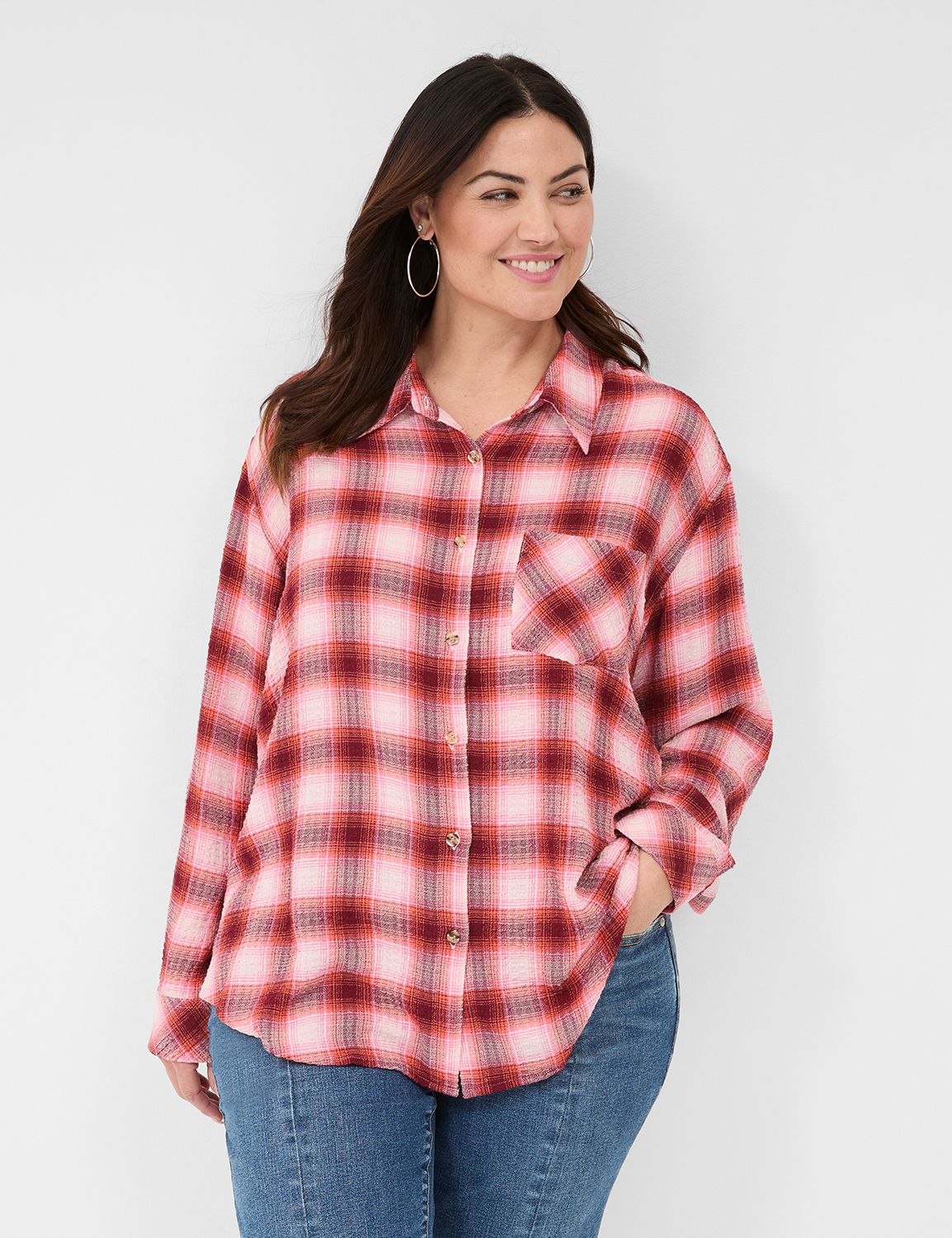 Button-Down Crinkle Plaid Shirt | LaneBryant