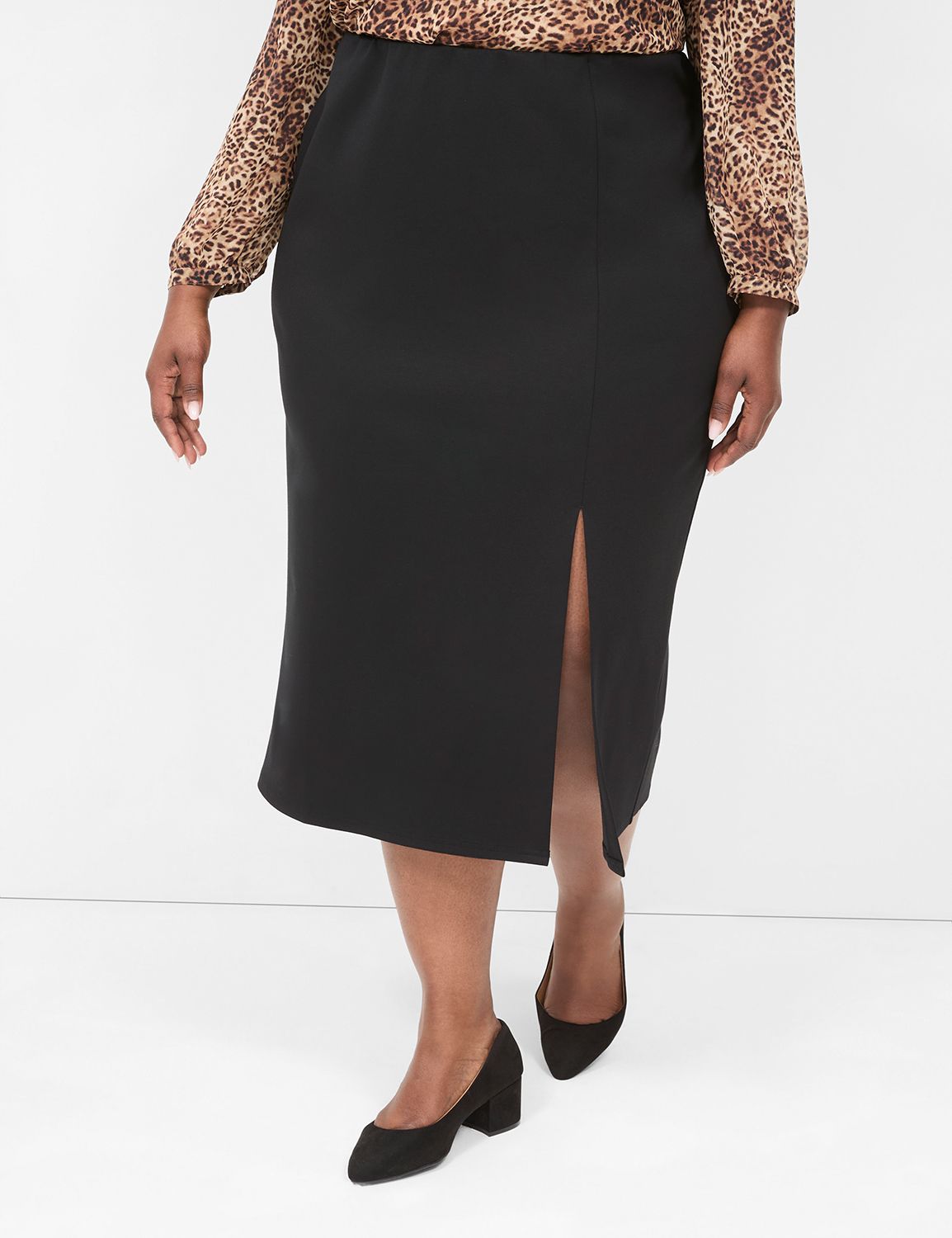 Ponte Front-Slit Column Midi Skirt