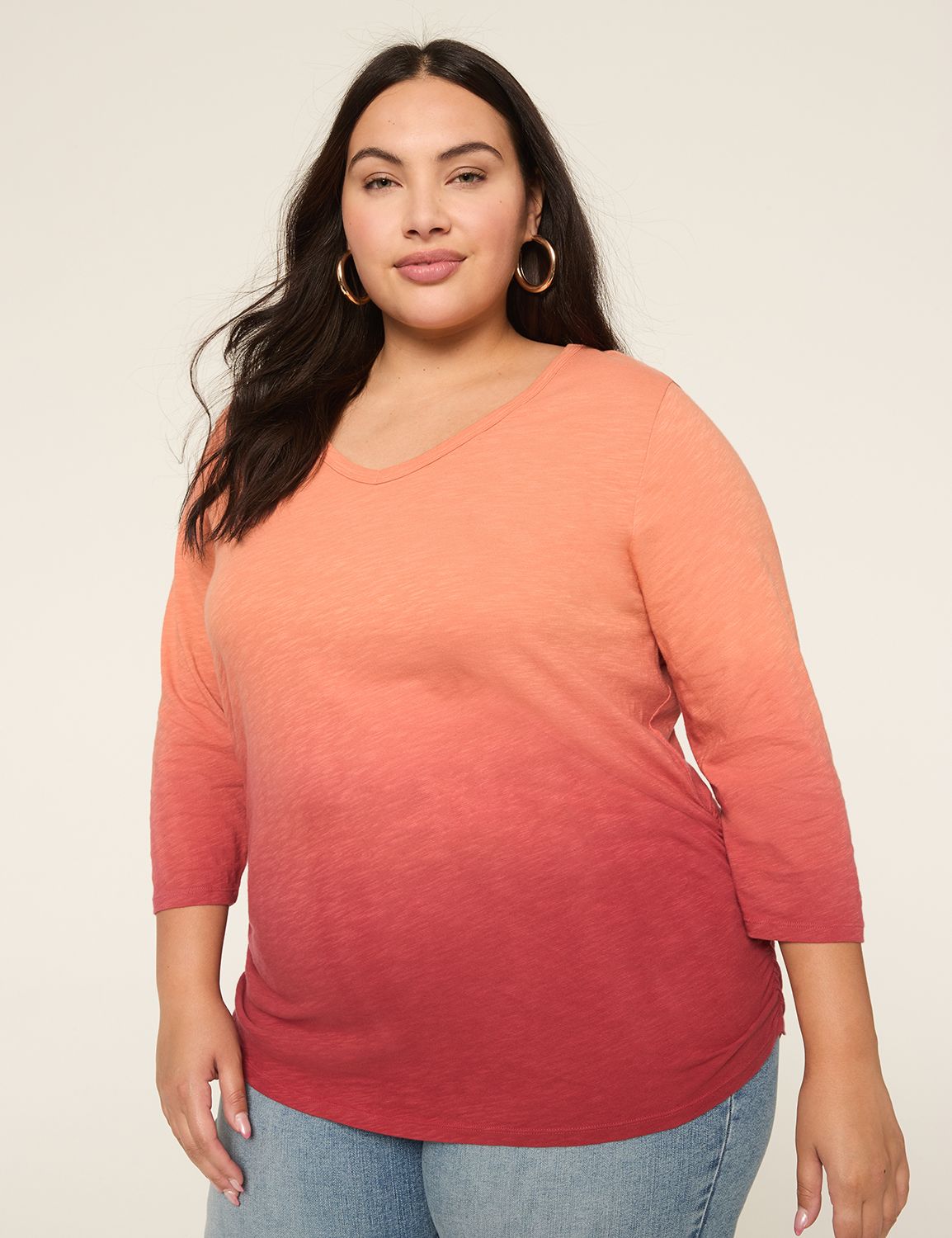 Casual 3/4 Sleeve V-Neck Side Ruche Product Image 1