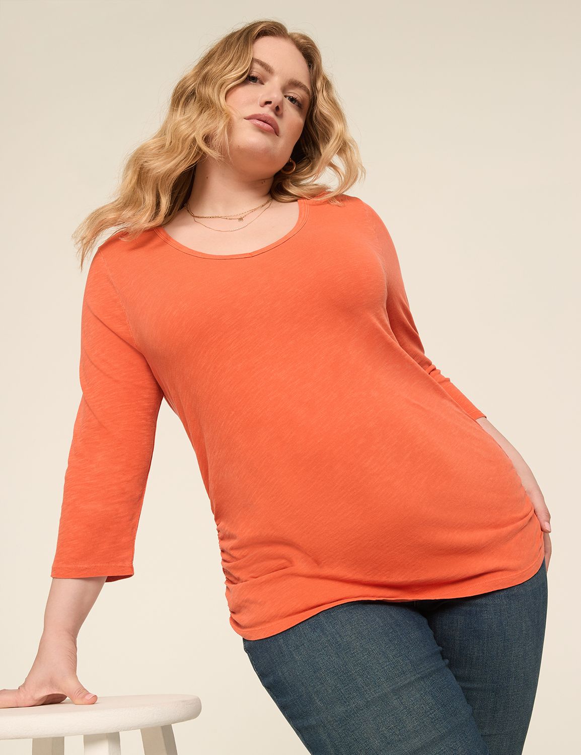 3/4-Sleeve V-Neck Side-Ruched Top