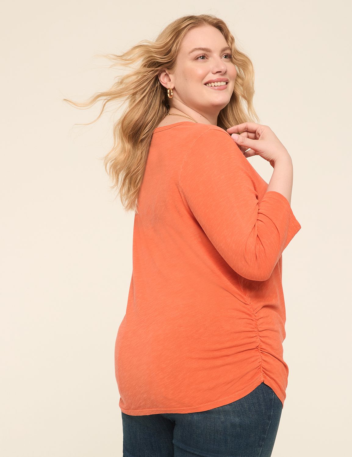 3/4-Sleeve V-Neck Side-Ruched Top