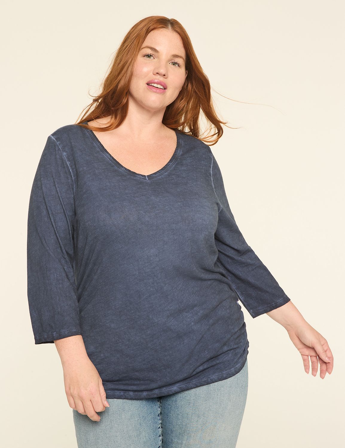 3/4-Sleeve V-Neck Side-Ruched Top