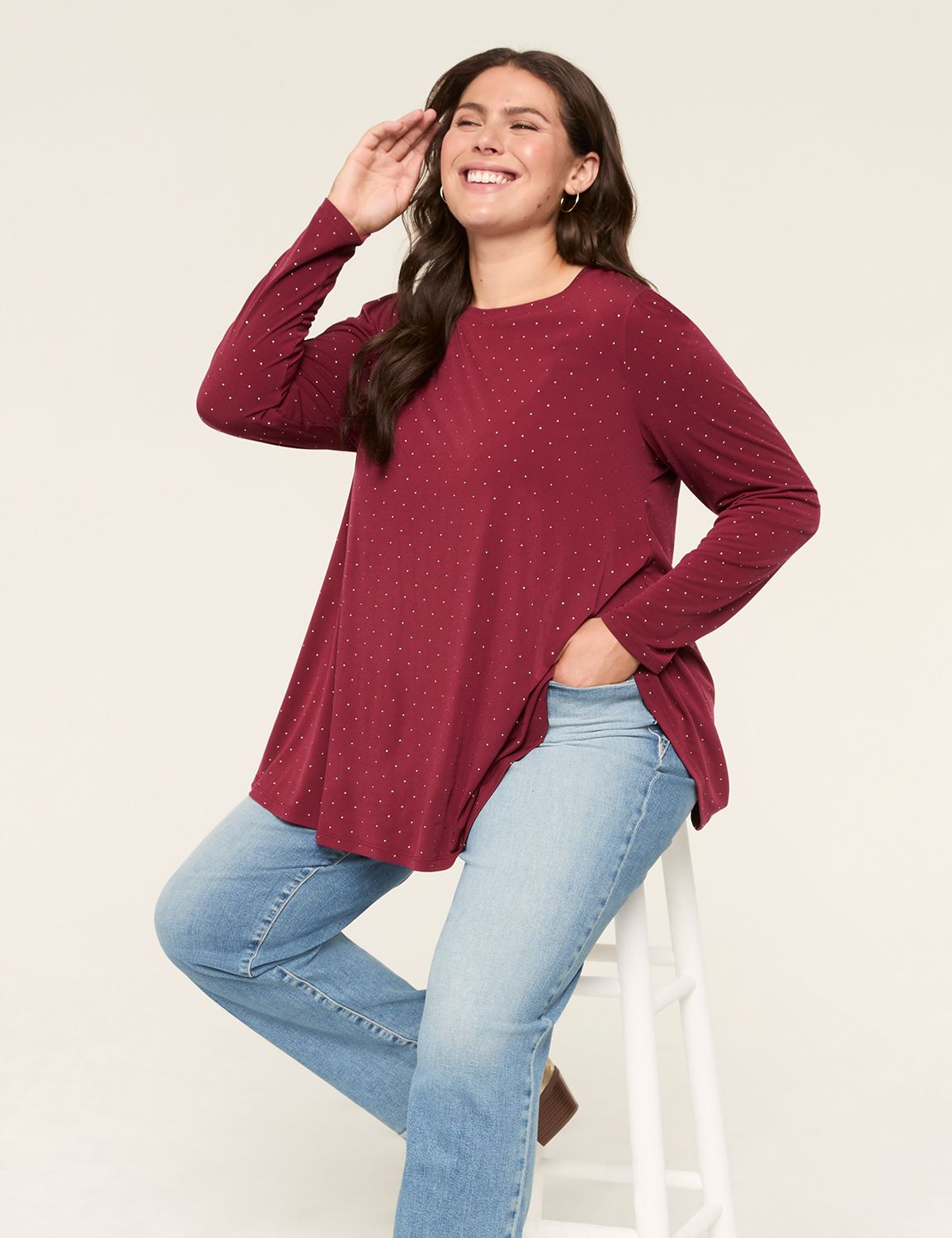Long Sleeve Crew Neck Dew Drop Stud | LaneBryant