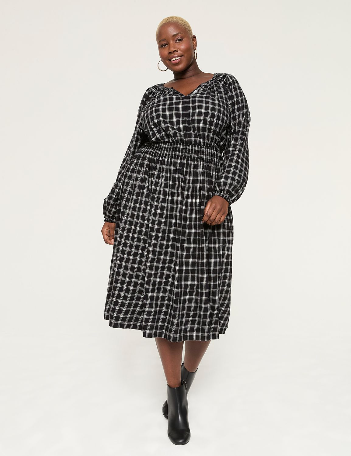 flannel smocked-shoulder dress