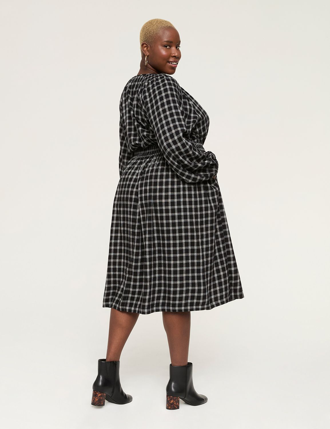 Flannel Smocked-Shoulder Dress