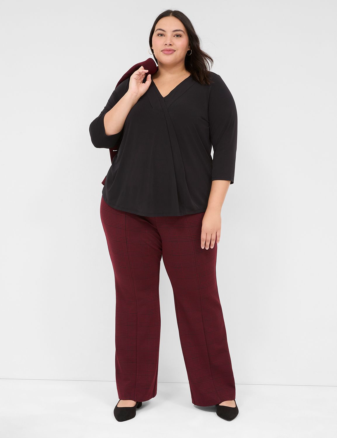 Swing 3/4 Sleeve V Neck Pleat Front Product Image 3