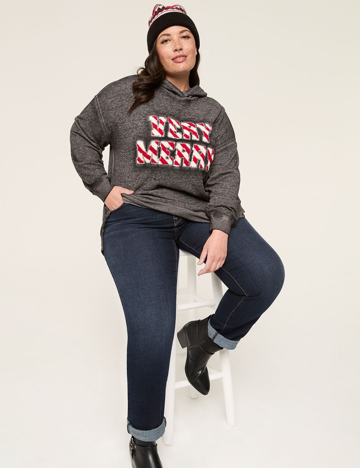 Relaxed Sequin Very Merry Graphic Hoodie | LaneBryant