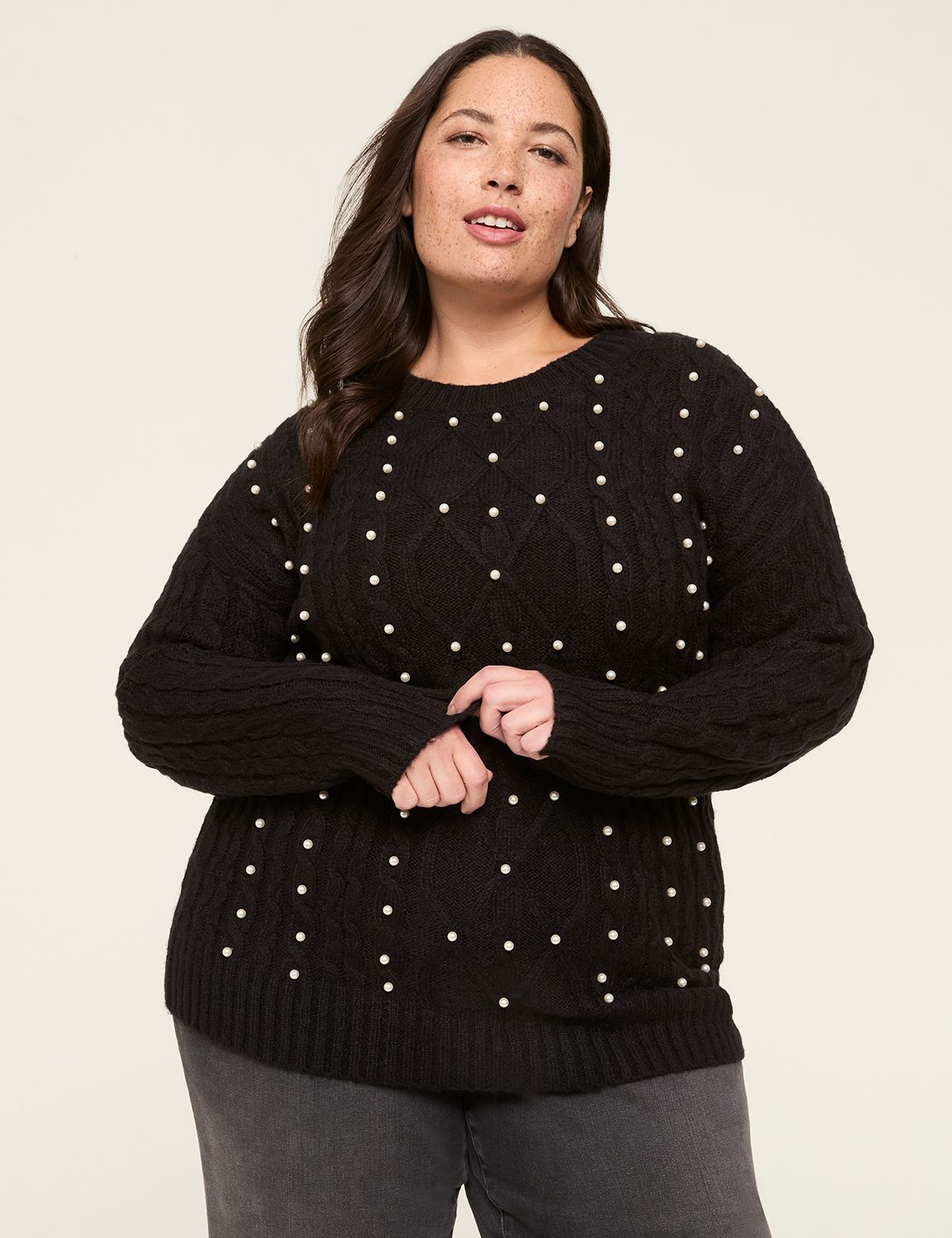 Pearlized Embellished Crew-Neck Cable Sweater