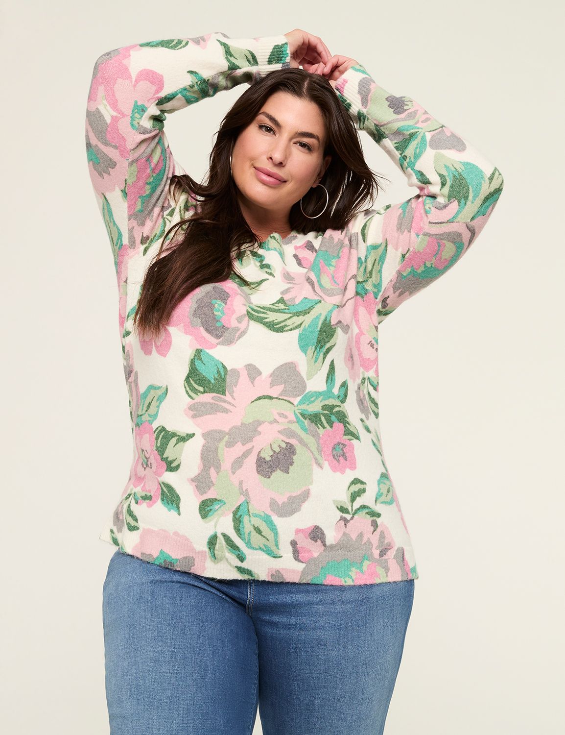 Floral Print Crew-Neck Pullover Sweater | LaneBryant