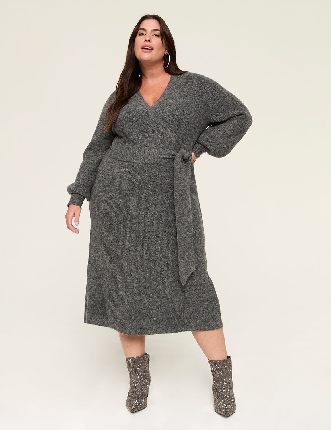 faux-wrap sweater midi dress