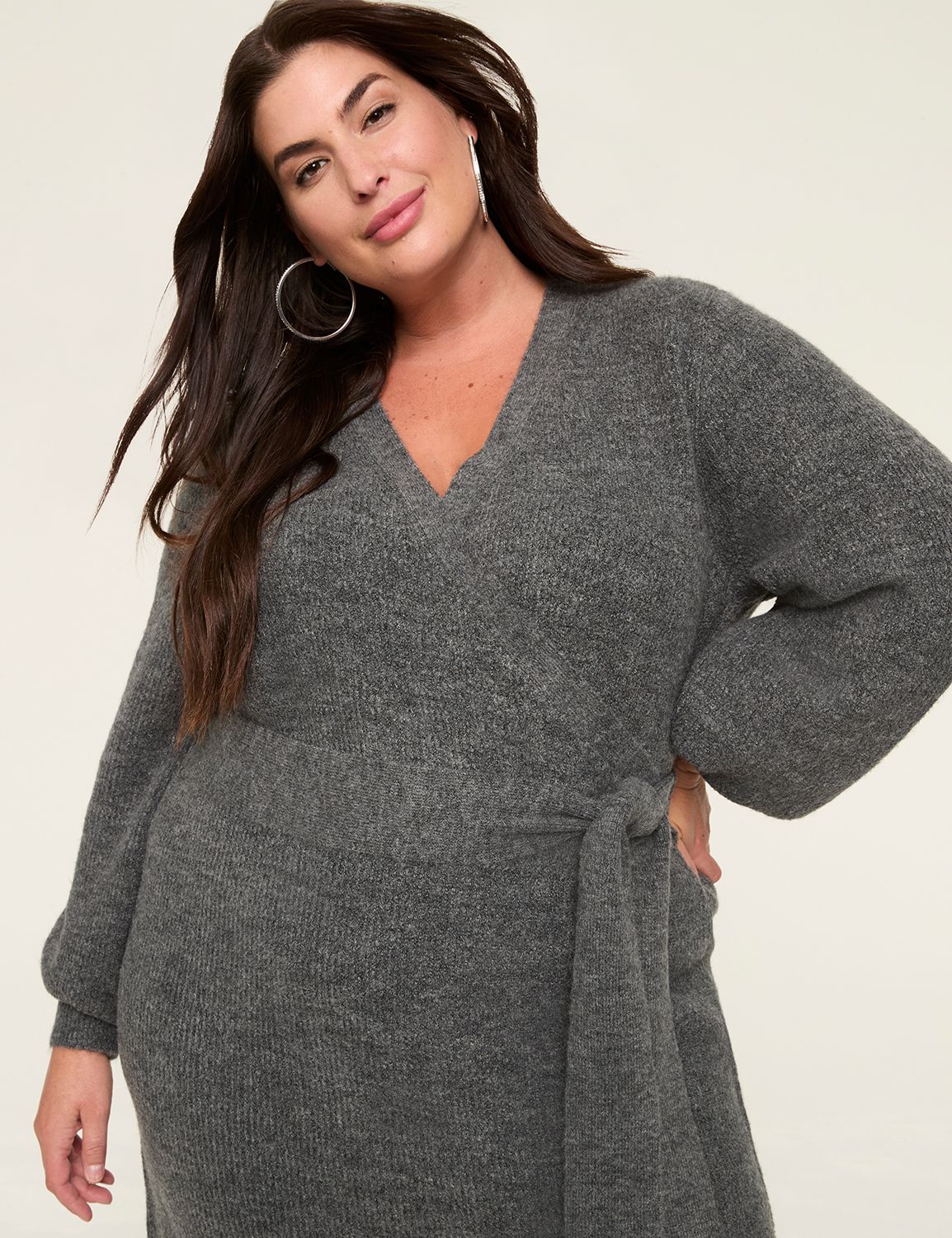 wrap sweater dress Womens Cashmere Wrap Dress Ribbed Knit Long Sleeve V Neck Midi Dresses main image 0
