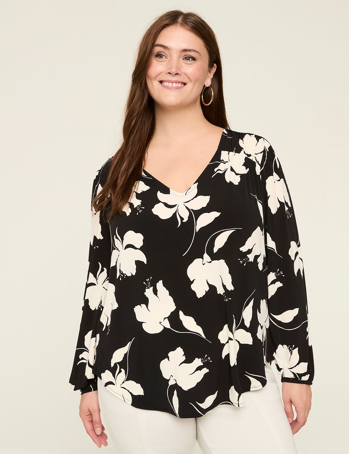 Long Sleeve V Neck Shirred Yoke Det Product Image 1