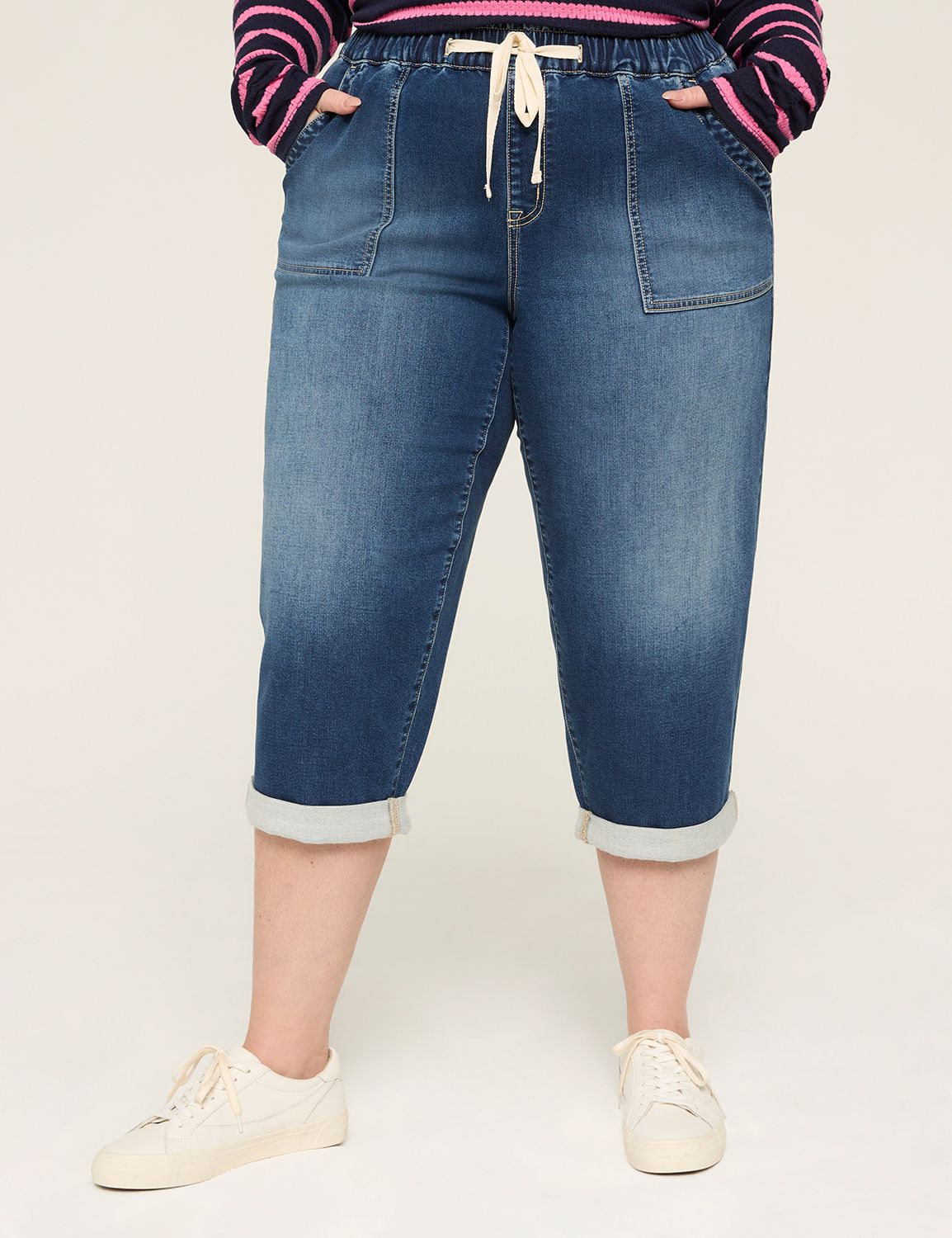Pull-On High-Rise Boyfriend Knit Denim Capri