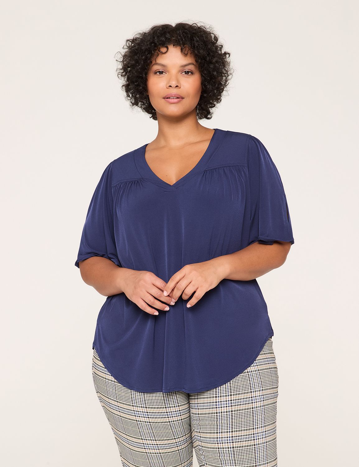 Brown Ribbed Short Sleeve Curved Hem Top