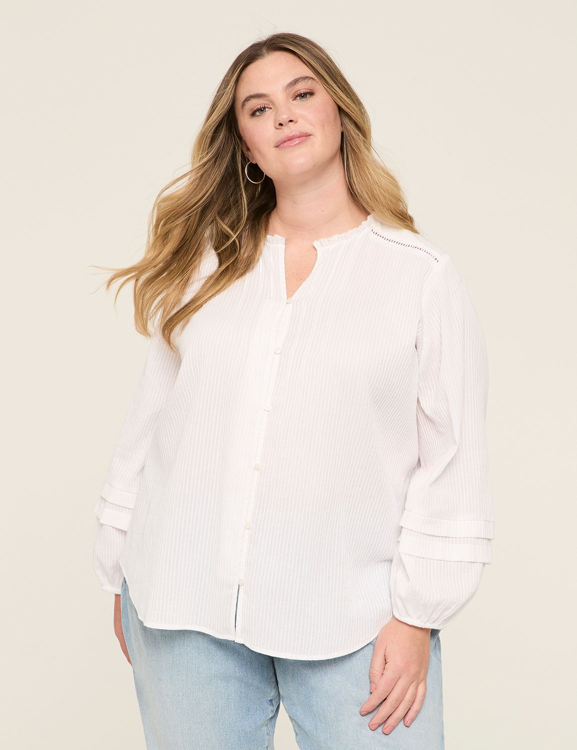 Clip Dot Detail Rib Button-Down Blouse | LaneBryant