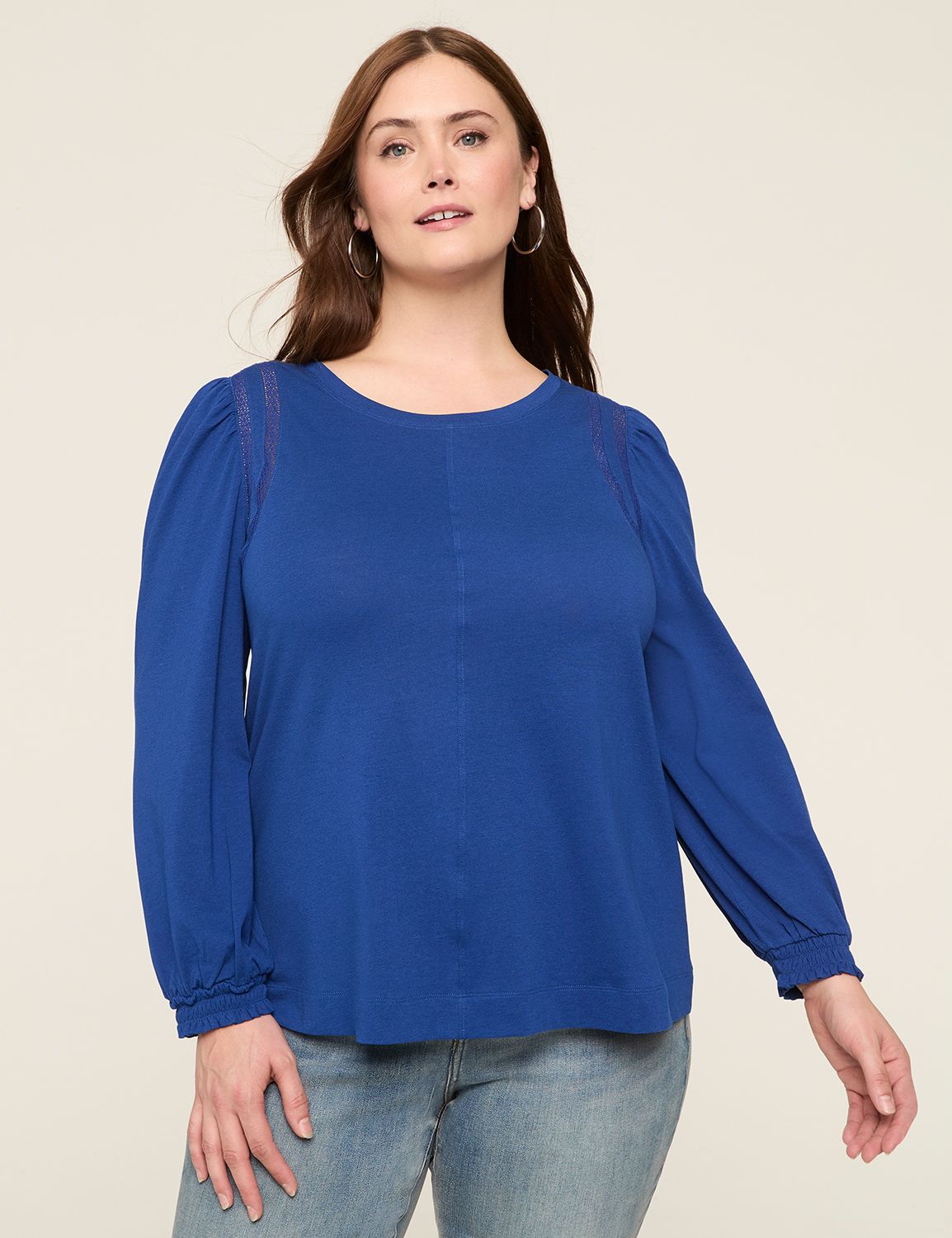 Long Sleeve Smocked Cuff Crew Neck | LaneBryant