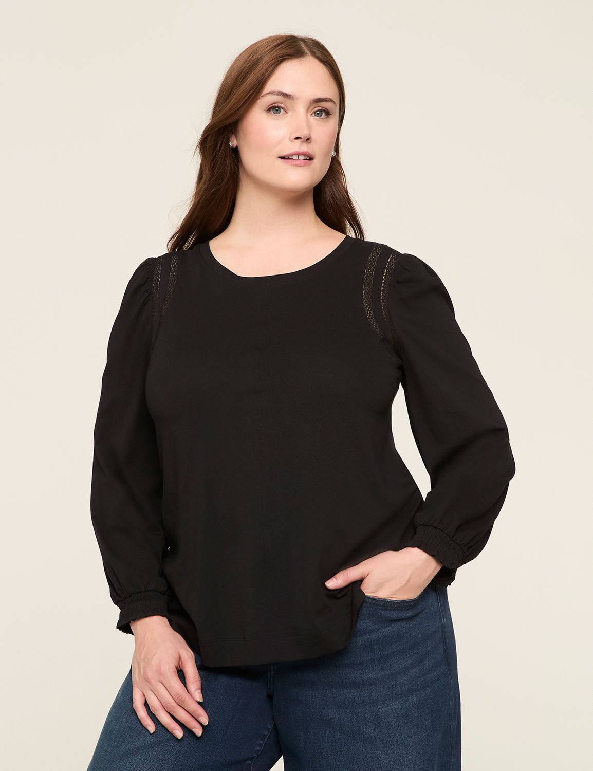 Long Sleeve Smocked Cuff Crew Neck Product Image 1