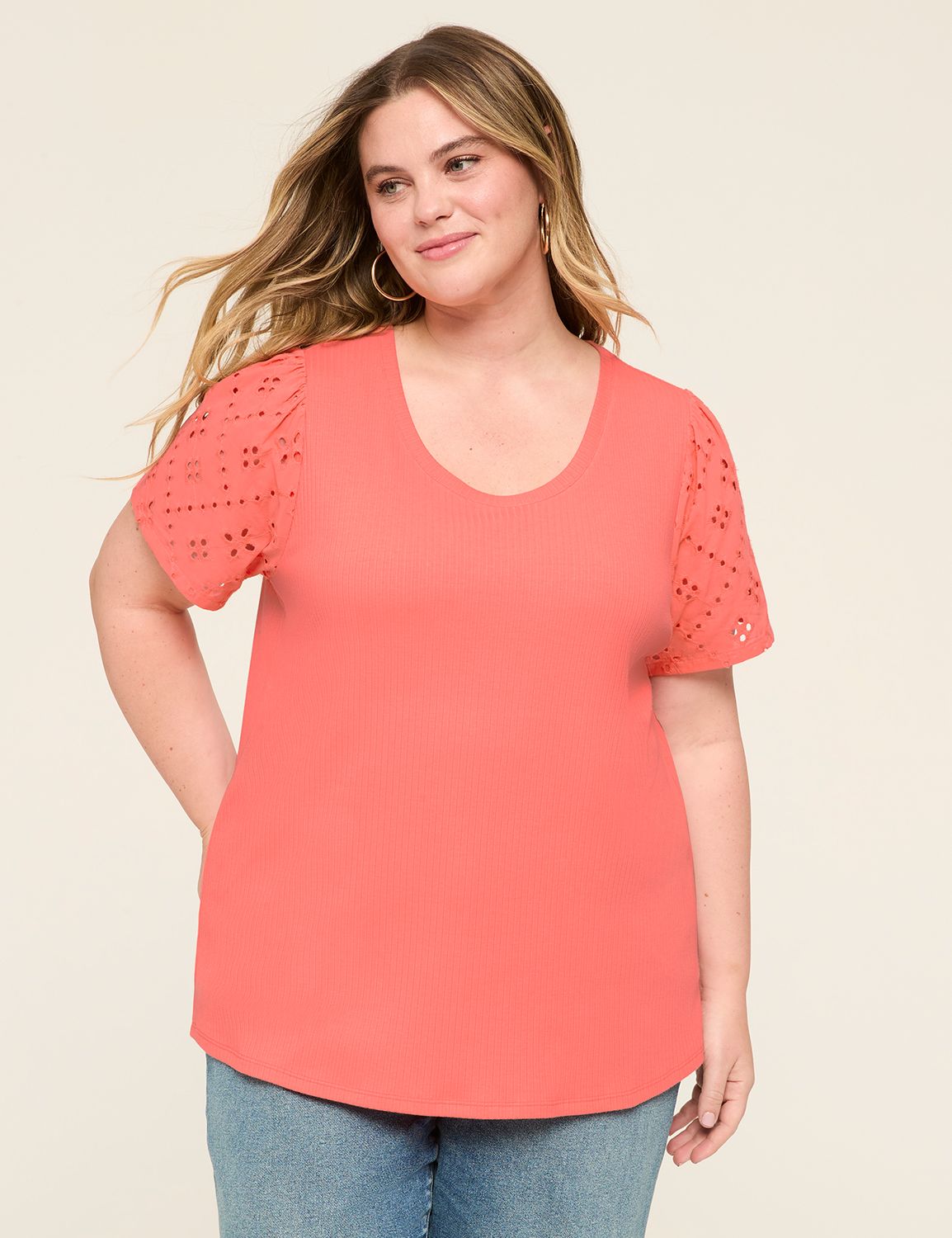 Eyelet Ruched Short Sleeve Scoop Ne Product Image 1