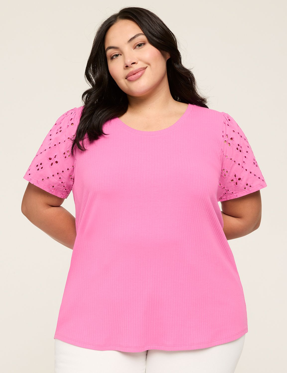 Eyelet Ruched Short Sleeve Scoop Ne Product Image 1