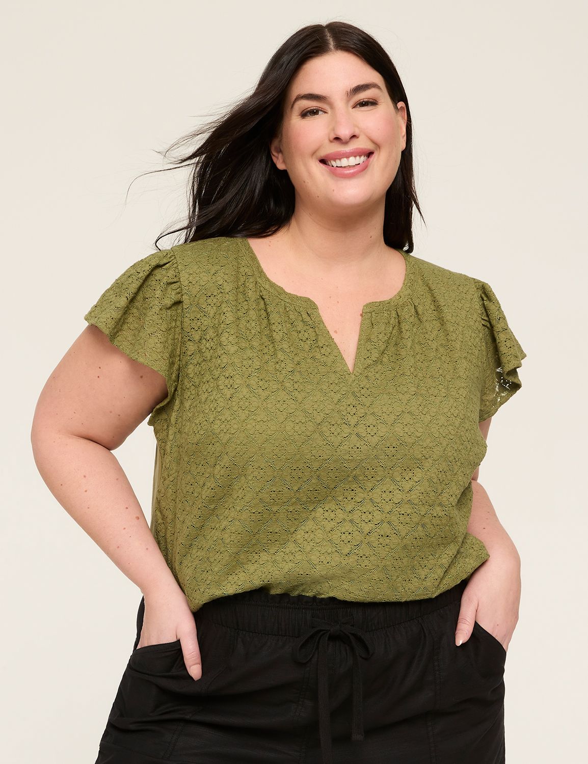 Savanna Ruffled Short Sleeve Notched Neck Blouse
