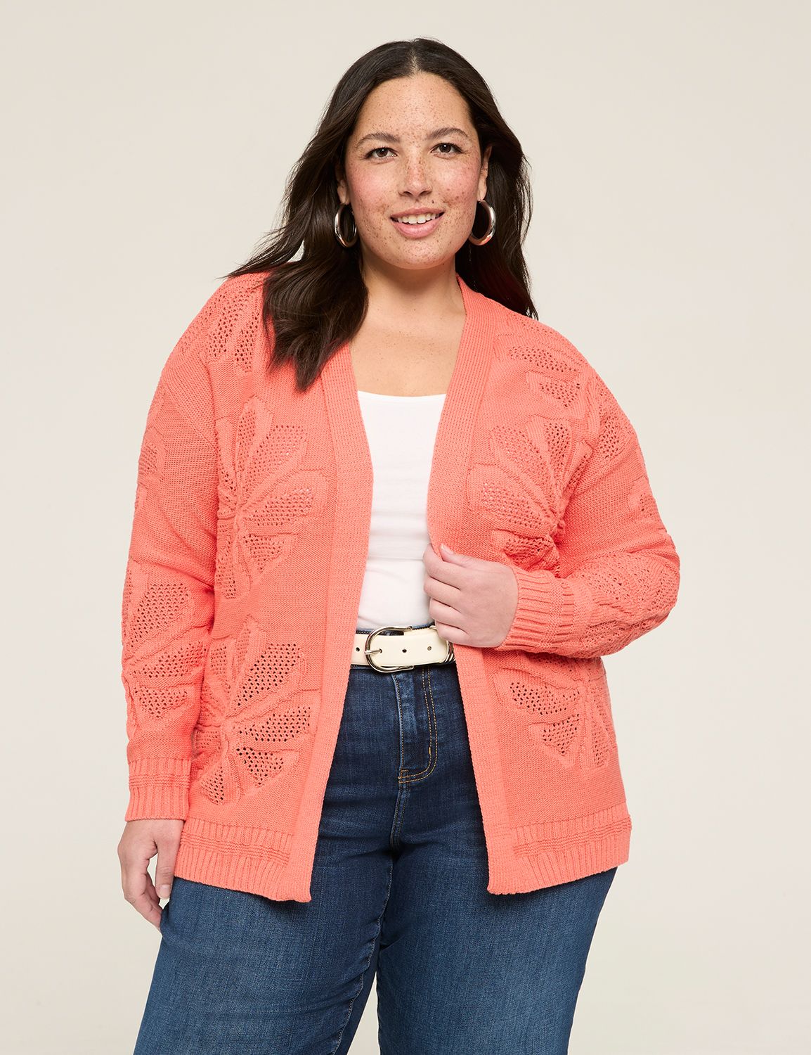 Floral Jacquard Open-Front Cardigan