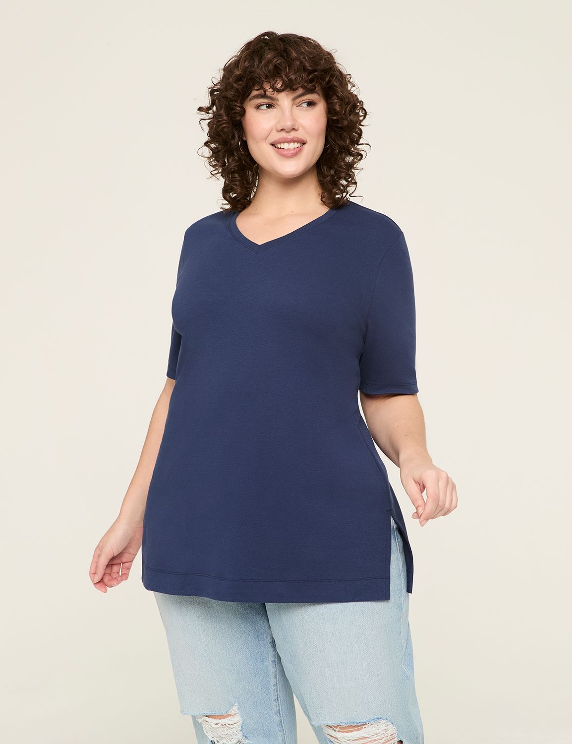 Elbow-Sleeve V-Neck Tunic Tee