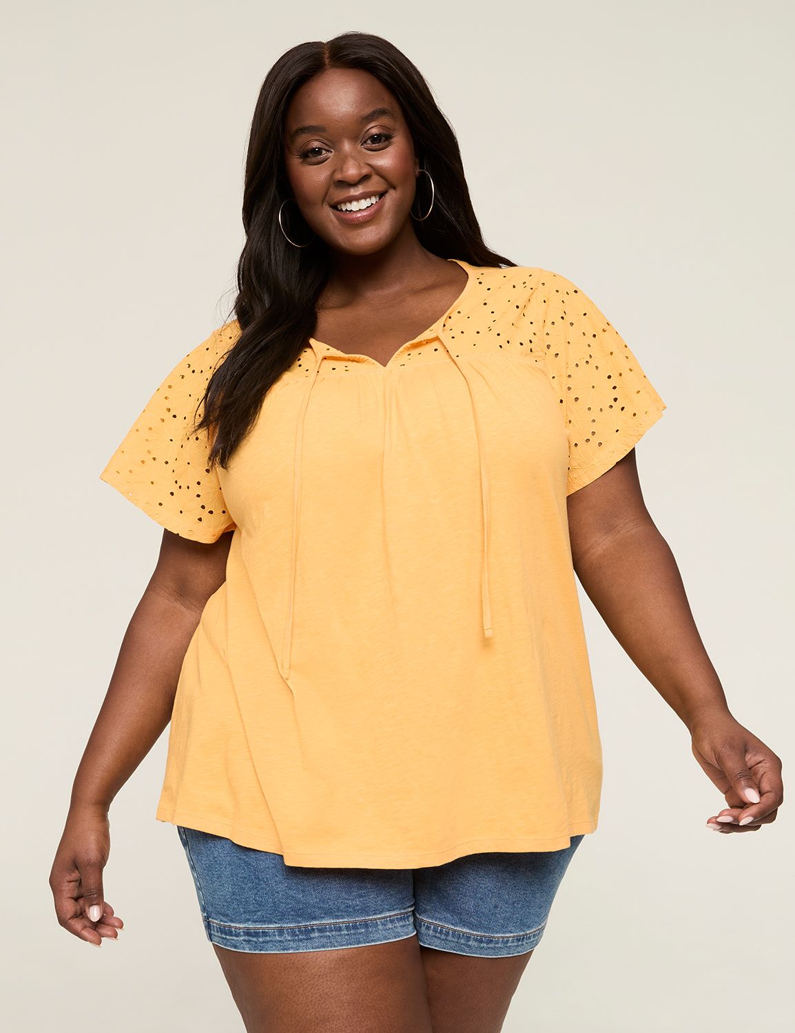 Short Sleeve Eyelet Yoke Zen Neck T | LaneBryant