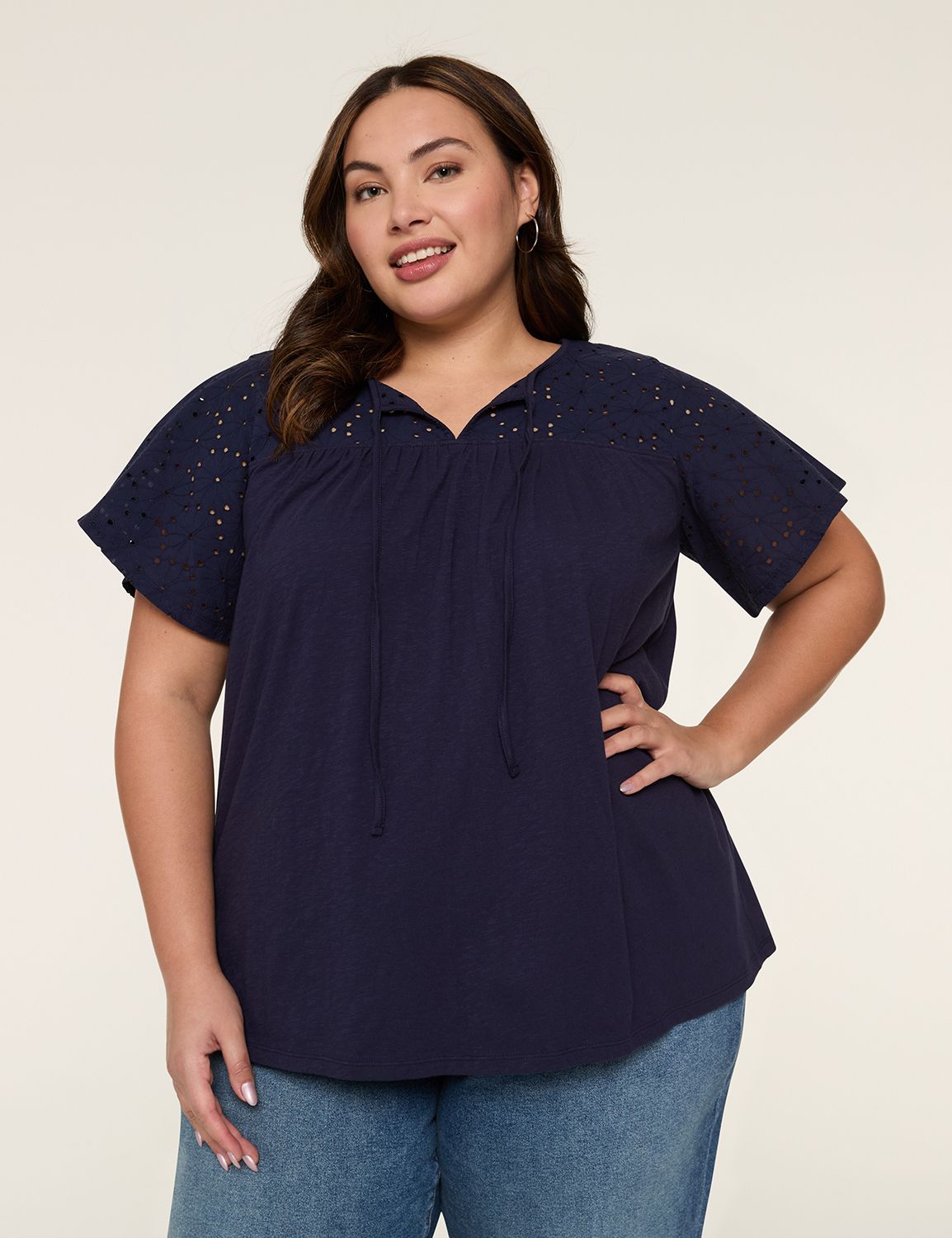 Short Sleeve Eyelet Yoke Zen Neck T Product Image 1