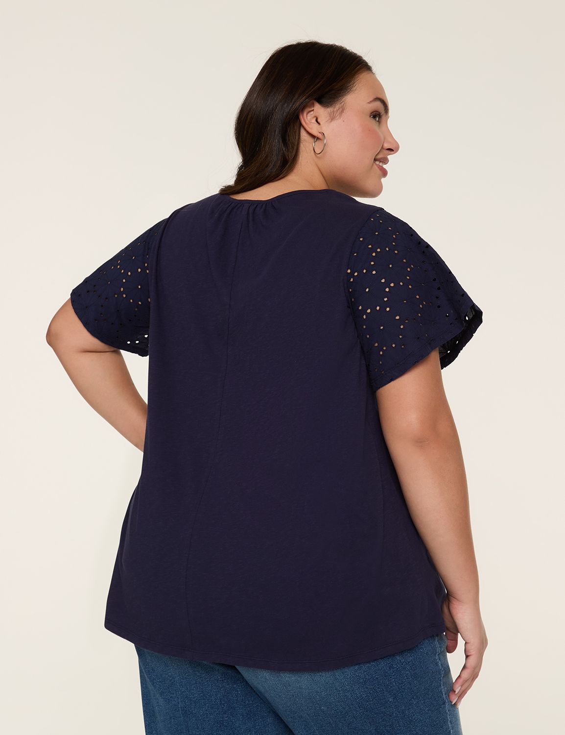 Short Sleeve Eyelet Yoke Zen Neck T Product Image 2