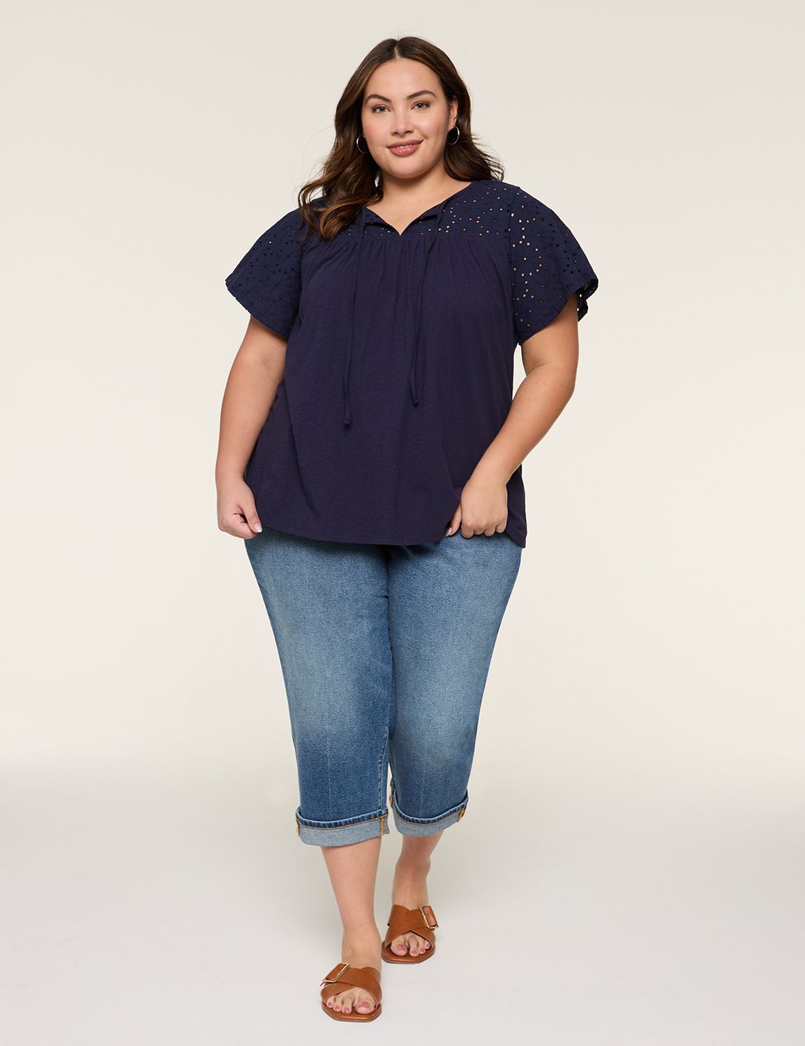 Short Sleeve Eyelet Yoke Zen Neck T Product Image 3