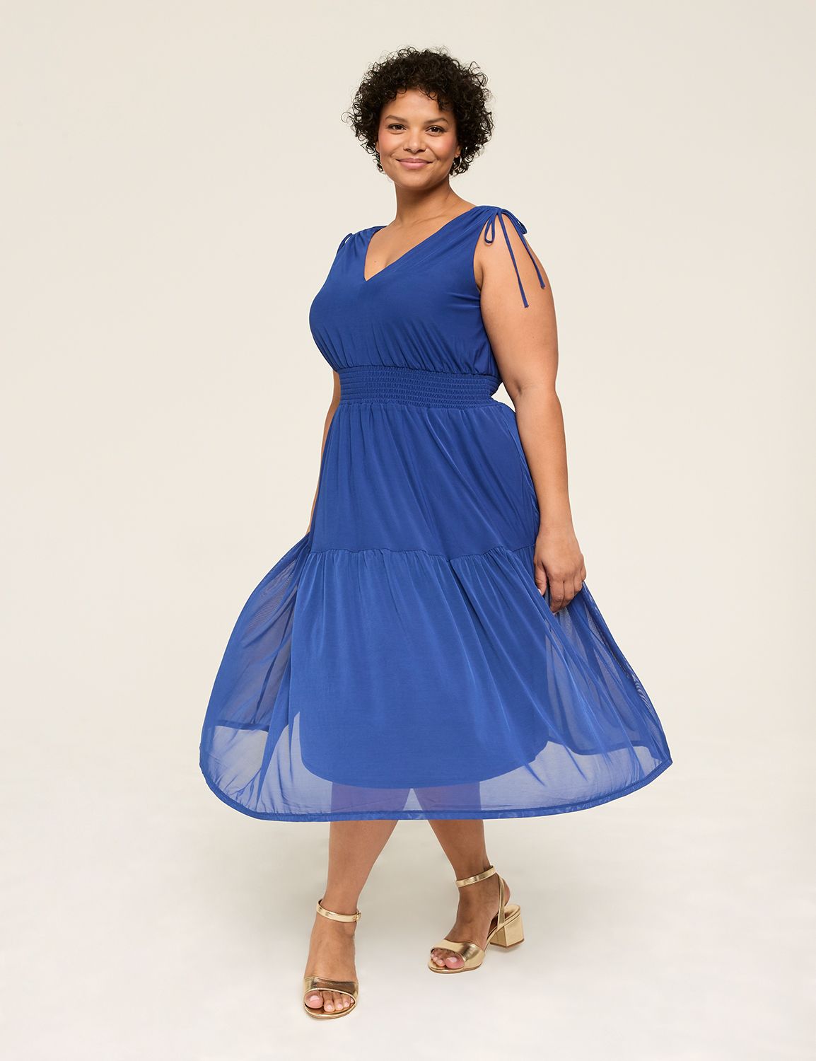 SL VNECK SHIRRED SHOULDER LONG MIDI Product Image 1