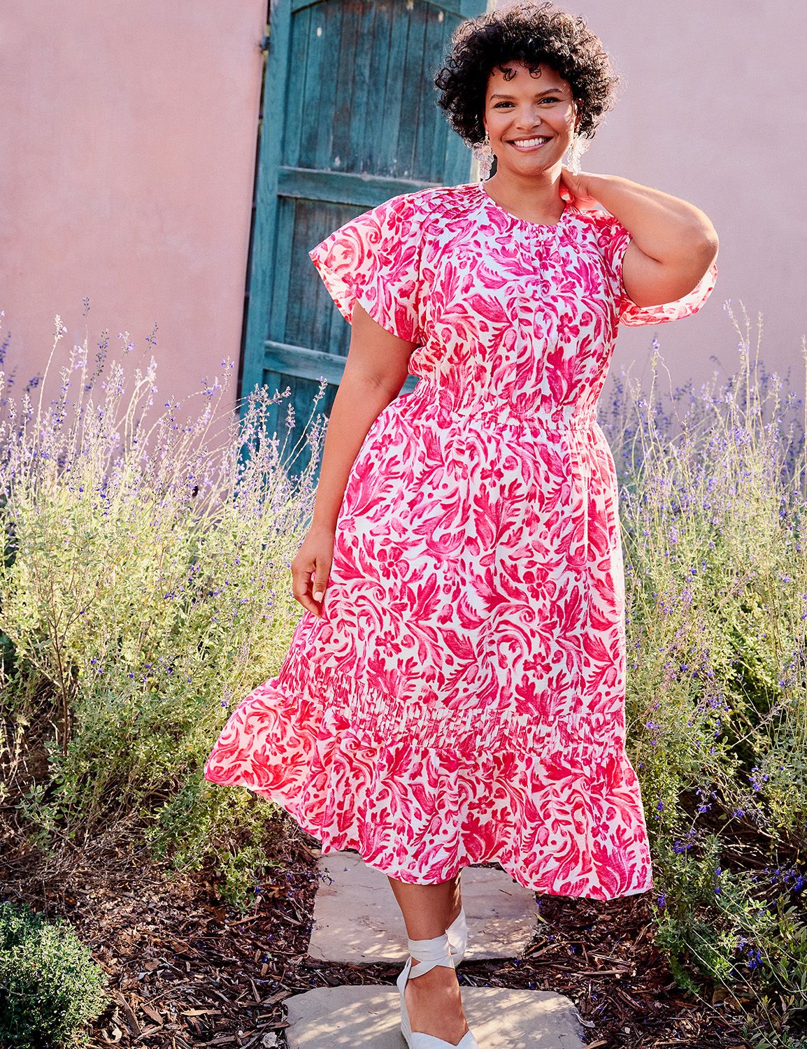 L’Or　Design Pin tuck Tiered Dress Flutter-Sleeve Pin-Tuck Sleeve Midi Dress | LaneBryant