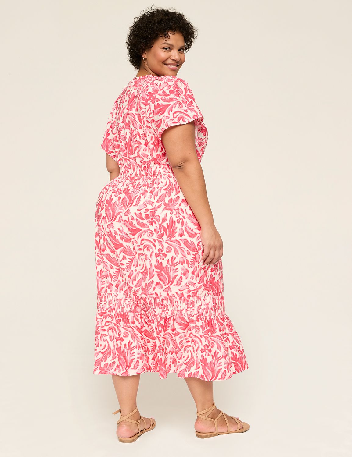 L’Or　Design Pin tuck Tiered Dress Flutter-Sleeve Pin-Tuck Sleeve Midi Dress | LaneBryant