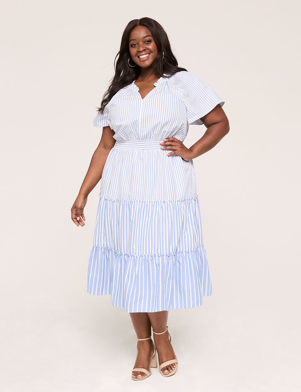 knee length dresses for ladies Flutter Sleeve Tiered Midi Dress | Dress main image 0
